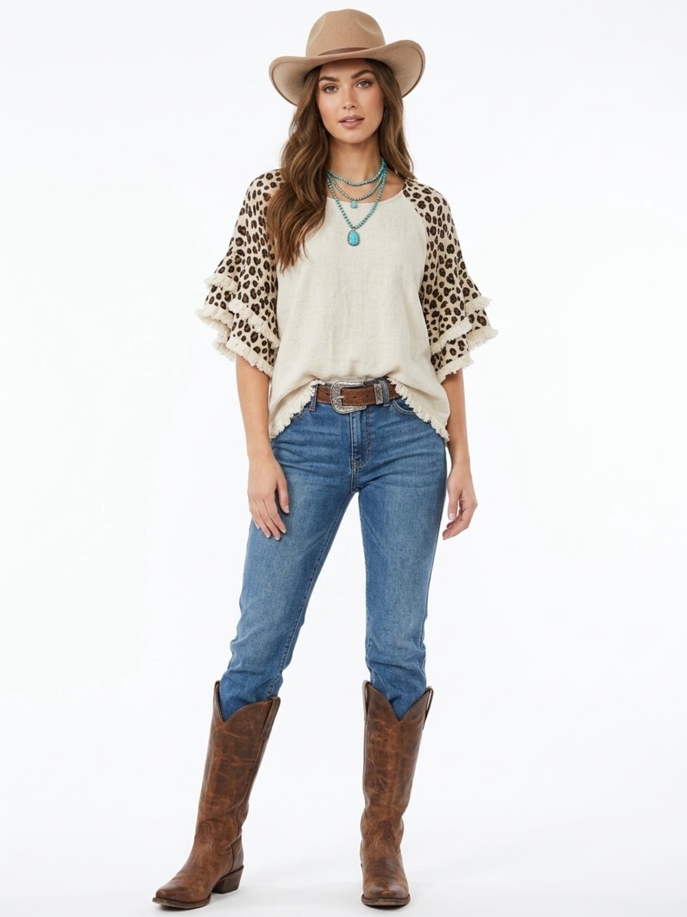 UMGEE $48 P2P 20-21” Leopard Ruffle Sleeve Frayed Raw Hem Linen Blend Top M